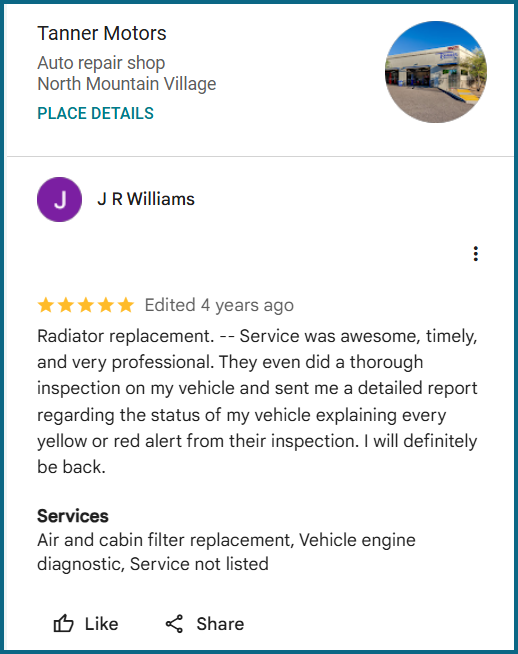 Review of Tanner Motors By J R Williams